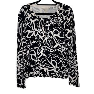 Banana Republic Cardigan Women M Black White Floral Abstract Cotton Knit Sweater